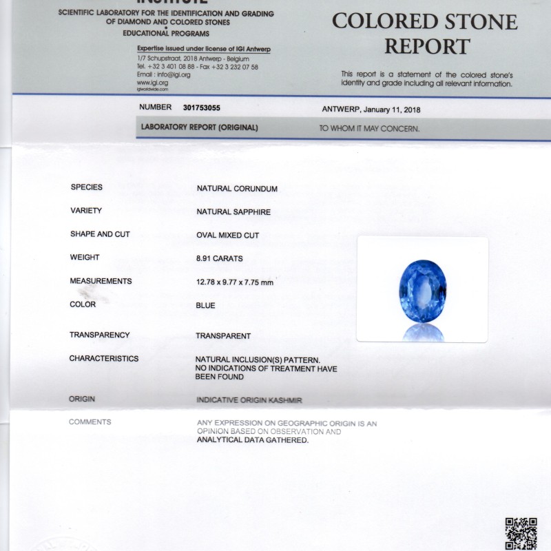 8.91 Ct Unheated Untreated IGI Certified Natural Kashmir Blue Sapphire AAA 8.91 Ct Unheated Untreated IGI Certified Natural Kashmir Blue Sapphire AAA