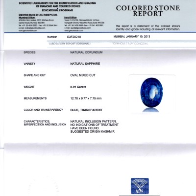 8.91 Ct Unheated Untreated IGI Certified Natural Kashmir Blue Sapphire AAA 8.91 Ct Unheated Untreated IGI Certified Natural Kashmir Blue Sapphire AAA