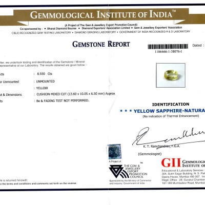 8.93 Ct GII Certified Unheated Untreated Natural Ceylon Yellow Sapphire 8.93 Ct GII Certified Unheated Untreated Natural Ceylon Yellow Sapphire