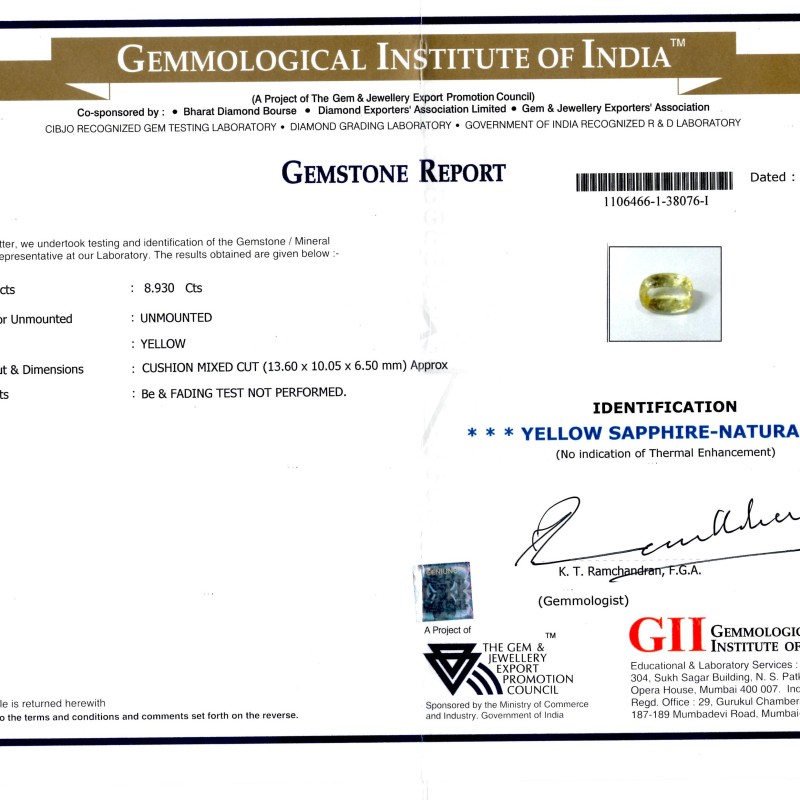 8.93 Ct GII Certified Unheated Untreated Natural Ceylon Yellow Sapphire 8.93 Ct GII Certified Unheated Untreated Natural Ceylon Yellow Sapphire