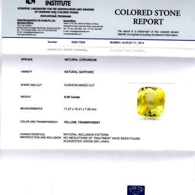 9.09 Ct Unheated Untreated Natural Ceylon Yellow Sapphire/Pukhraj AA 9.09 Ct Unheated Untreated Natural Ceylon Yellow Sapphire/Pukhraj AA