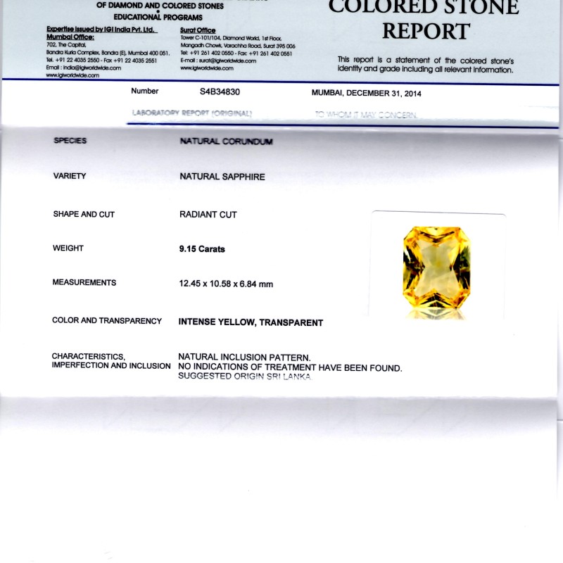 9.15 Ct Unheated Untreated Radiant Cut Natural Ceylon Yellow Sapphire 9.15 Ct Unheated Untreated Radiant Cut Natural Ceylon Yellow Sapphire