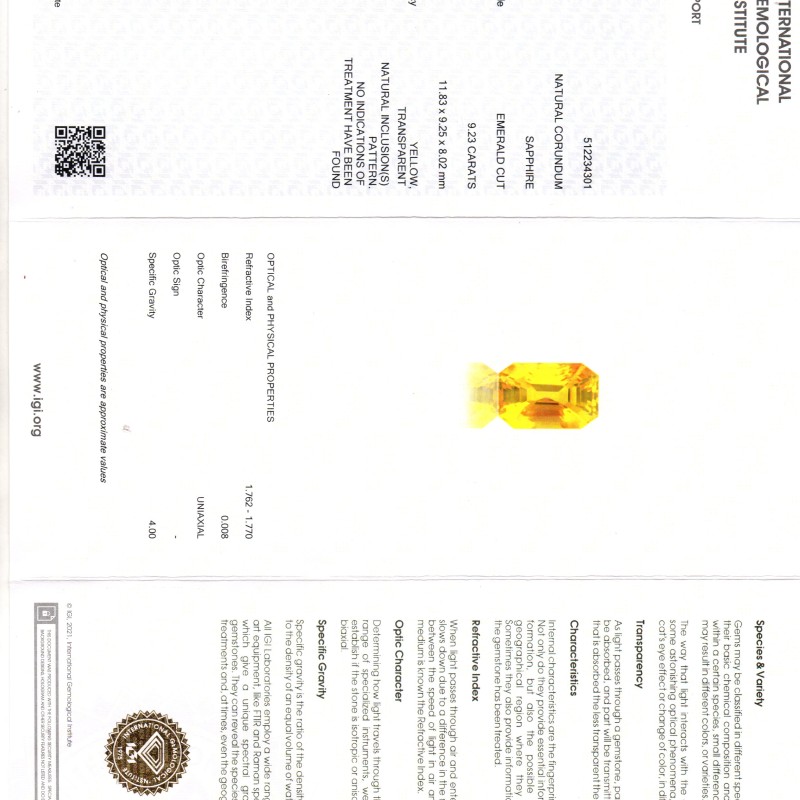 9.23 Ct IGI Certified Unheated Untreated Natural Ceylon Yellow Sapphire AAA 9.23 Ct IGI Certified Unheated Untreated Natural Ceylon Yellow Sapphire AAA