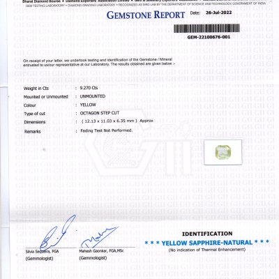 9.27 Ct GII Certified Unheated Untreated Natural Ceylon Yellow Sapphire 9.27 Ct GII Certified Unheated Untreated Natural Ceylon Yellow Sapphire