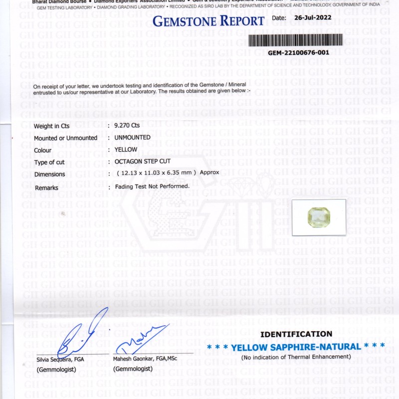 9.27 Ct GII Certified Unheated Untreated Natural Ceylon Yellow Sapphire 9.27 Ct GII Certified Unheated Untreated Natural Ceylon Yellow Sapphire