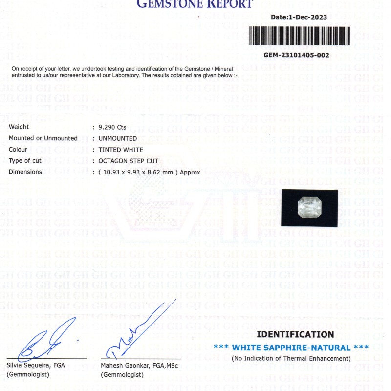 9.29 Ct GII Certified Unheated Untreated Natural Ceylon White Sapphire AA 9.29 Ct GII Certified Unheated Untreated Natural Ceylon White Sapphire AA