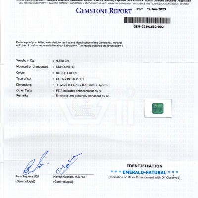 9.66 Ct Certified Untreated Natural Zambian Emerald Gemstone Panna 9.66 Ct Certified Untreated Natural Zambian Emerald Gemstone Panna