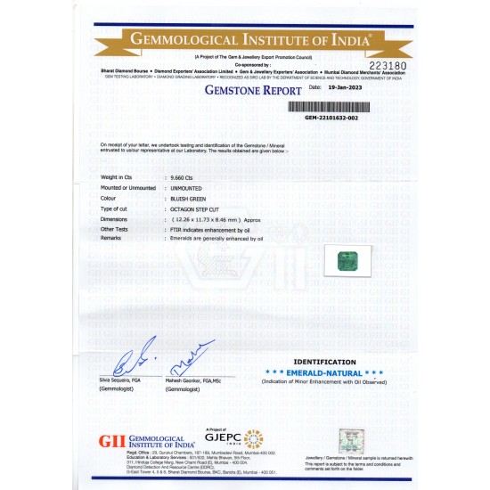 9.66 Ct Certified Untreated Natural Zambian Emerald Gemstone Panna