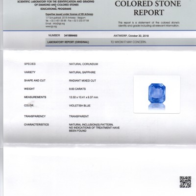 9.83 Ct IGI Certified Unheated Untreated Natural Ceylon Blue Sapphire 9.83 Ct IGI Certified Unheated Untreated Natural Ceylon Blue Sapphire