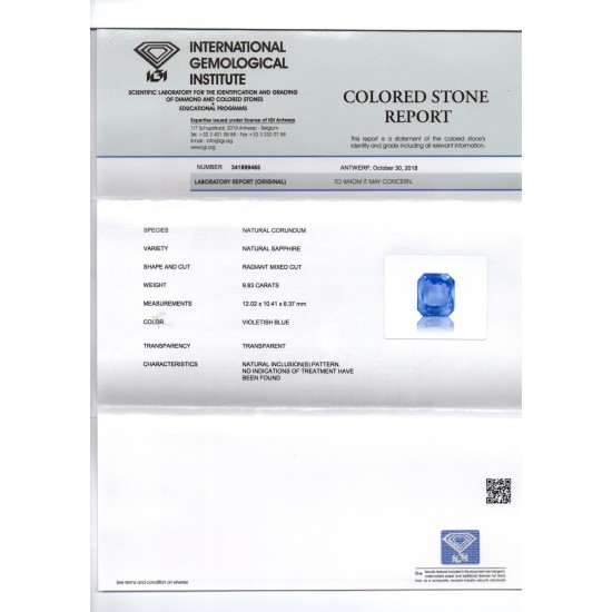 9.83 Ct IGI Certified Unheated Untreated Natural Ceylon Blue Sapphire