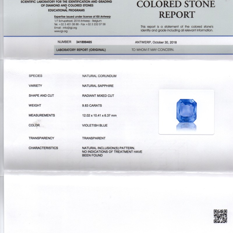 9.83 Ct IGI Certified Unheated Untreated Natural Ceylon Blue Sapphire 9.83 Ct IGI Certified Unheated Untreated Natural Ceylon Blue Sapphire