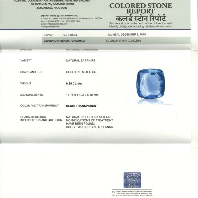 9.85 Ct IGI Certified Unheated Untreated Natural Ceylon Blue Sapphire