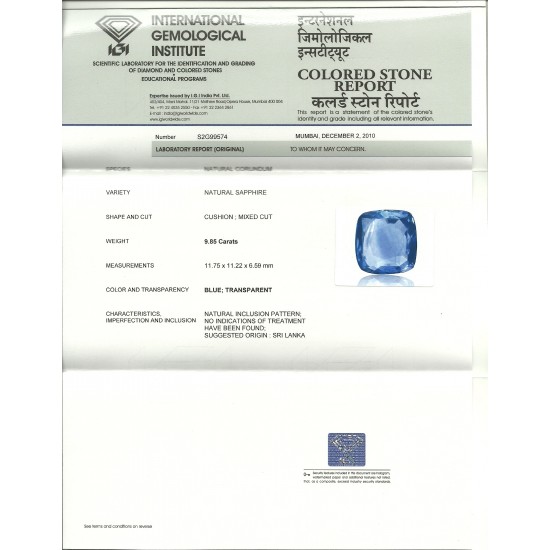 9.85 Ct IGI Certified Unheated Untreated Natural Ceylon Blue Sapphire