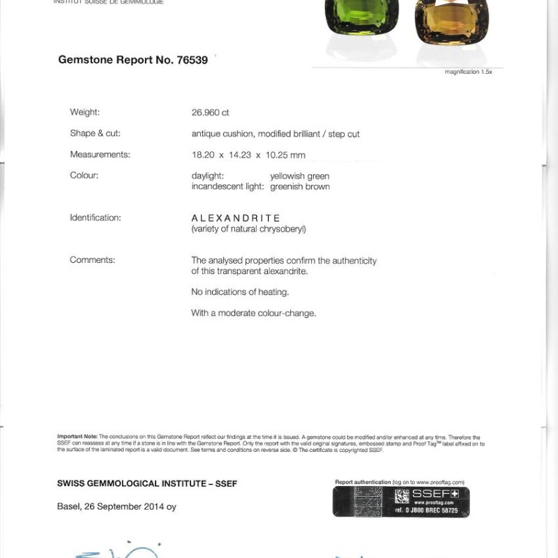 Huge 26.96 Ct Untreated Natural GRS Certified 80% Colour Changing Alexandrite Huge 26.96 Ct Untreated Natural GRS Certified 80% Colour Changing Alexandrite