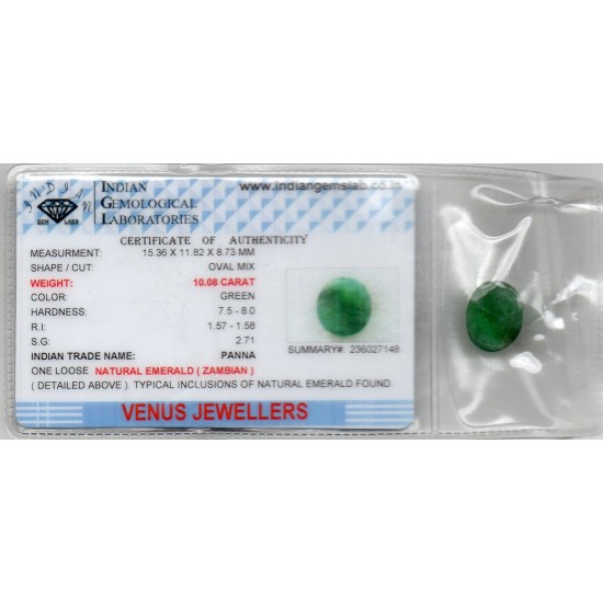 Huge 10.08 Ct Certified Untreated Natural Zambian Emerald Panna Gems