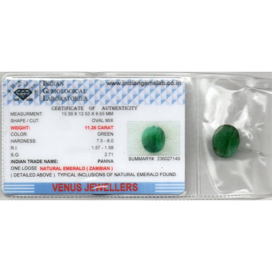 Huge 11.26 Ct Certified Untreated Natural Zambian Emerald Panna Gems