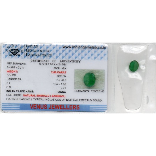 2.06 Ct Certified Untreated Natural Zambian Emerald Panna Gemstone