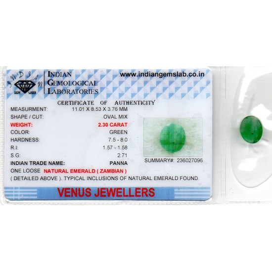 2.30 Ct Certified Untreated Natural Zambian Emerald Panna Gemstone