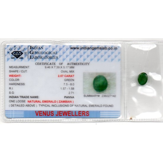 2.57 Ct Certified Untreated Natural Zambian Emerald Panna Gemstone