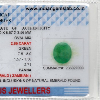 2.86 Ct Certified Untreated Natural Zambian Emerald Panna Gemstone