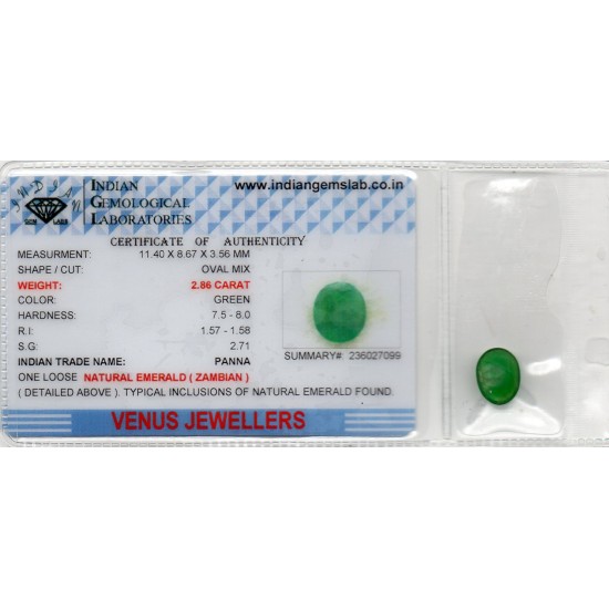 2.86 Ct Certified Untreated Natural Zambian Emerald Panna Gemstone