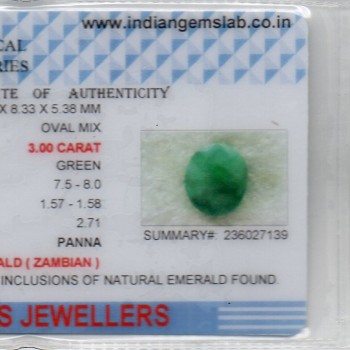3.00 Ct Certified Untreated Natural Zambian Emerald Panna Gemstone