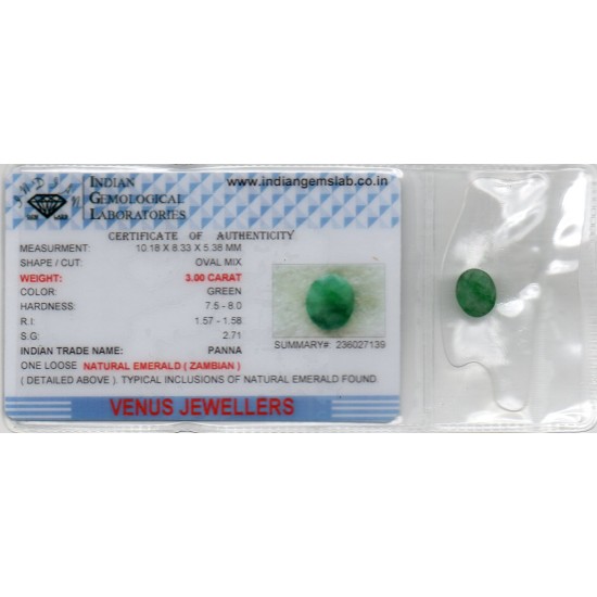 3.00 Ct Certified Untreated Natural Zambian Emerald Panna Gemstone