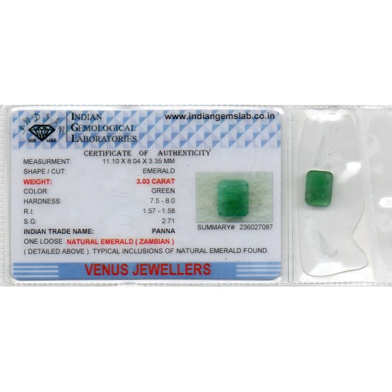 3.03 Ct Certified Untreated Natural Zambian Emerald Panna Gemstone