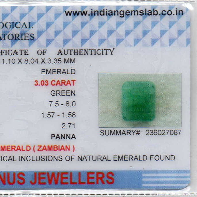 3.03 Ct Certified Untreated Natural Zambian Emerald Panna Gemstone 3.03 Ct Certified Untreated Natural Zambian Emerald Panna Gemstone
