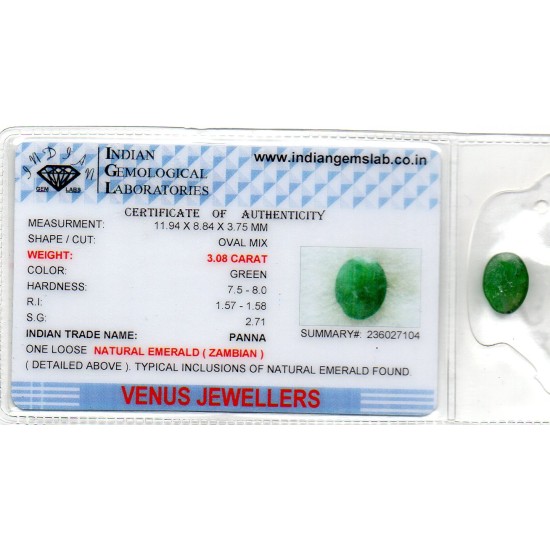3.08 Ct Certified Untreated Natural Zambian Emerald Panna Gemstone