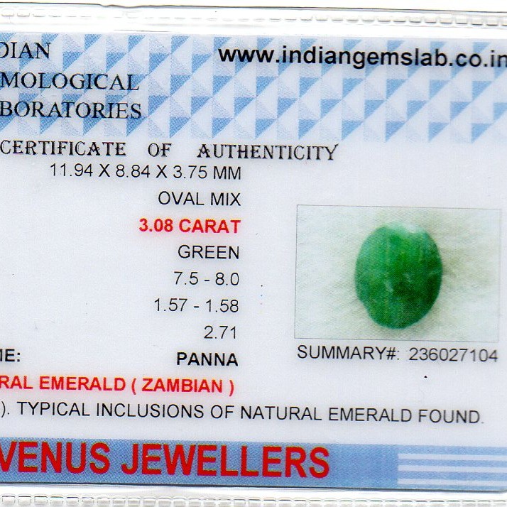 3.08 Ct Certified Untreated Natural Zambian Emerald Panna Gemstone 3.08 Ct Certified Untreated Natural Zambian Emerald Panna Gemstone