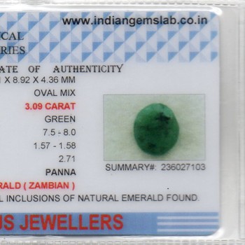 3.09 Ct Certified Untreated Natural Zambian Emerald Panna Gemstone