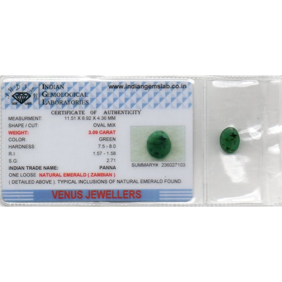 3.09 Ct Certified Untreated Natural Zambian Emerald Panna Gemstone