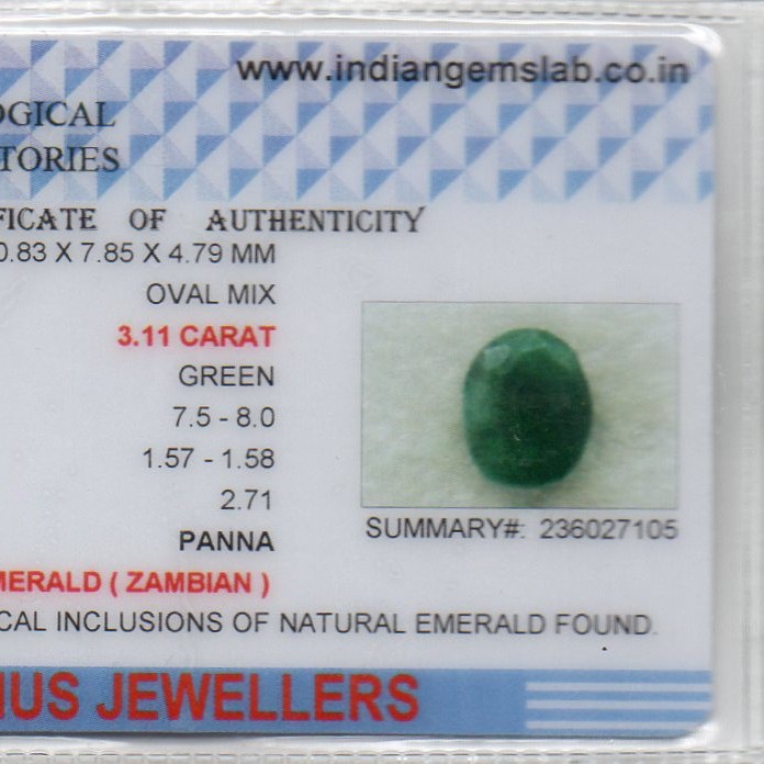3.11 Ct Certified Untreated Natural Zambian Emerald Panna Gemstone 3.11 Ct Certified Untreated Natural Zambian Emerald Panna Gemstone