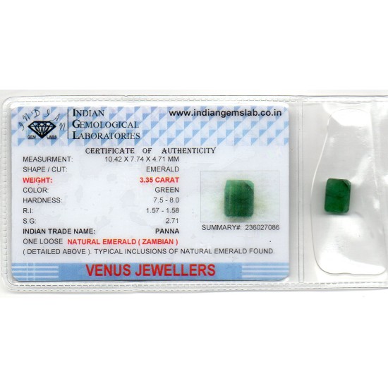 3.35 Ct Certified Untreated Natural Zambian Emerald Panna Gemstone