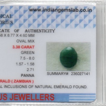 3.38 Ct Certified Untreated Natural Zambian Emerald Panna Gemstone 3.38 Ct Certified Untreated Natural Zambian Emerald Panna Gemstone