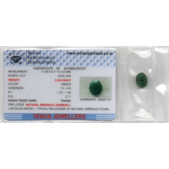 3.38 Ct Certified Untreated Natural Zambian Emerald Panna Gemstone