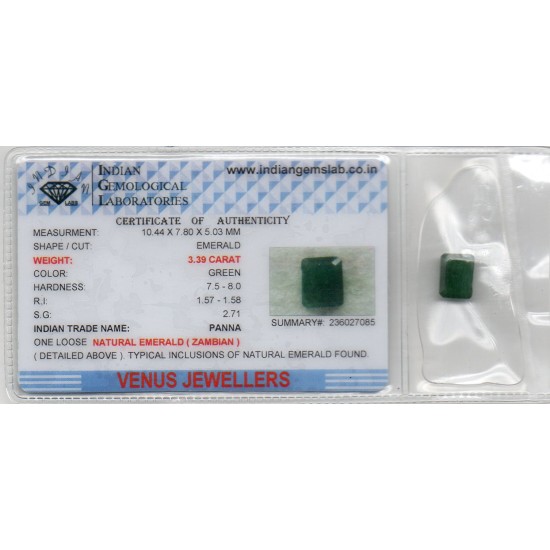 3.39 Ct Certified Untreated Natural Zambian Emerald Panna Gemstone