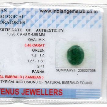 3.48 Ct Certified Untreated Natural Zambian Emerald Panna Gemstone