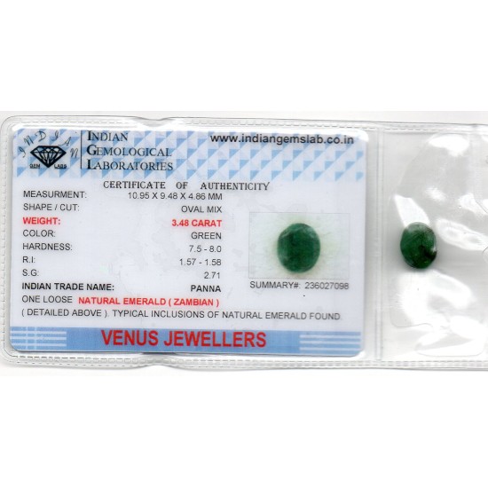 3.48 Ct Certified Untreated Natural Zambian Emerald Panna Gemstone