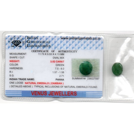 3.52 Ct Certified Untreated Natural Zambian Emerald Panna Gemstone