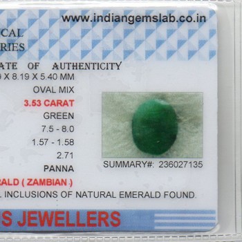 3.53 Ct Certified Untreated Natural Zambian Emerald Panna Gemstone
