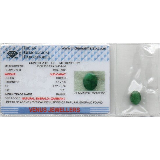 3.53 Ct Certified Untreated Natural Zambian Emerald Panna Gemstone