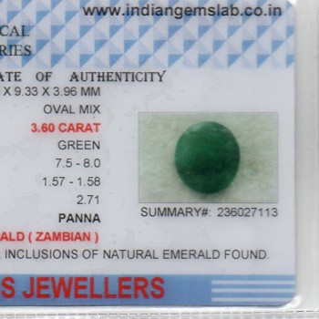 3.60 Ct Certified Untreated Natural Zambian Emerald Panna Gemstone