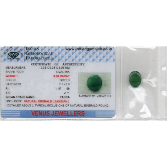 3.60 Ct Certified Untreated Natural Zambian Emerald Panna Gemstone