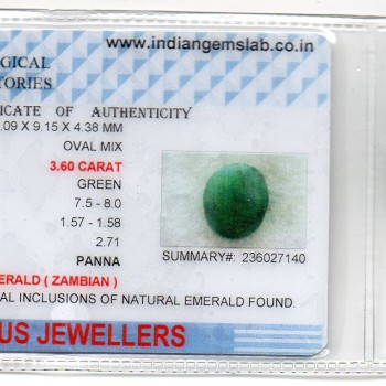 3.60 Ct Certified Untreated Natural Zambian Emerald Panna Gemstone