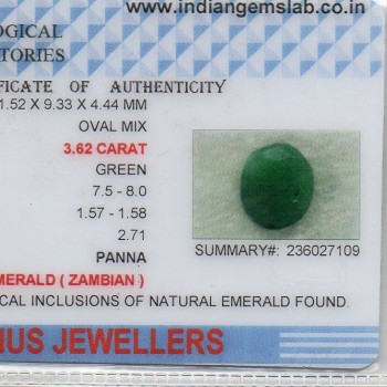 3.62 Ct Certified Untreated Natural Zambian Emerald Panna Gemstone