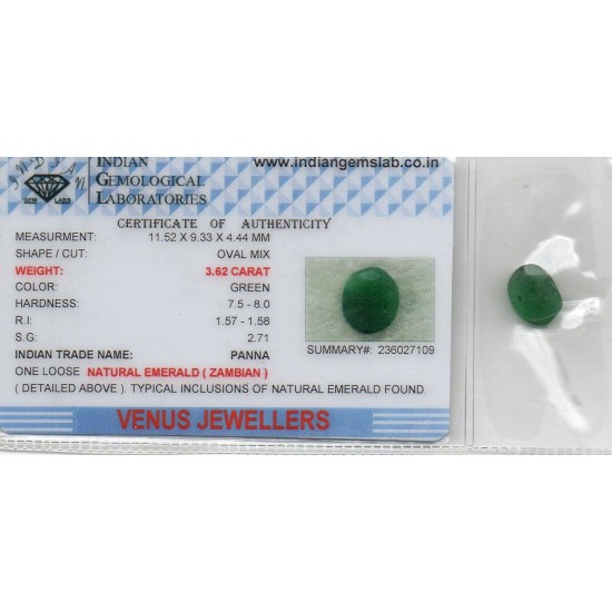 3.62 Ct Certified Untreated Natural Zambian Emerald Panna Gemstone