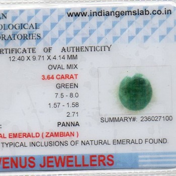 3.64 Ct Certified Untreated Natural Zambian Emerald Panna Gemstone