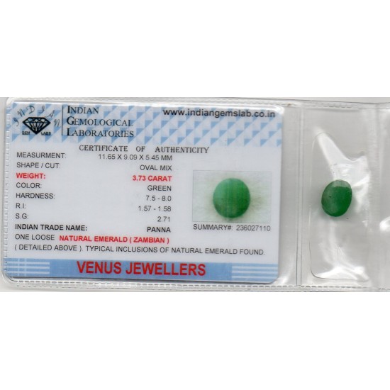 3.73 Ct Certified Untreated Natural Zambian Emerald Panna Gemstone